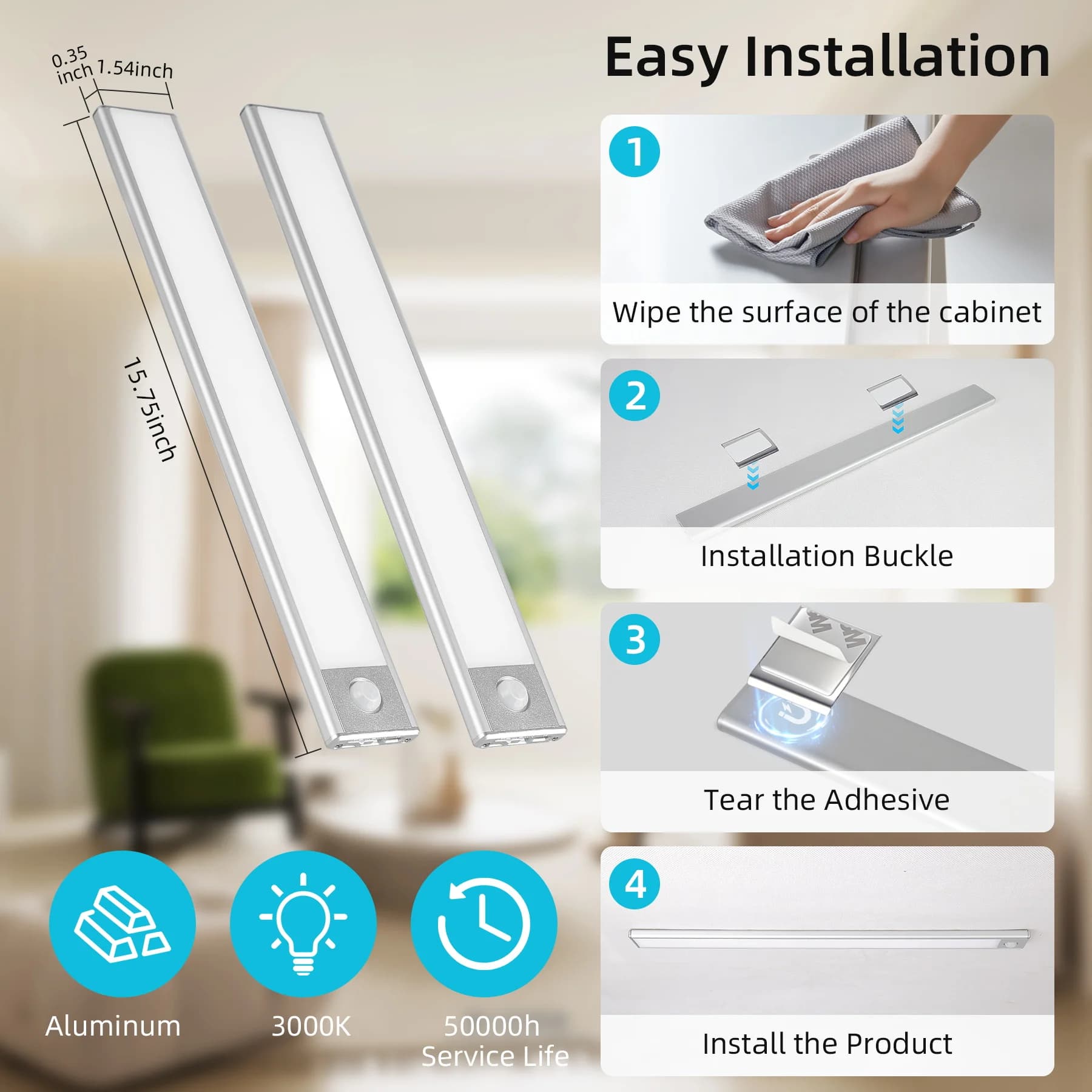 Luce notturna sotto le luci dell'armadio Sensore di movimento a luce LED ultra sottile Ricaricabile senza fili 3 colori per l'illuminazione della camera da letto della cucina