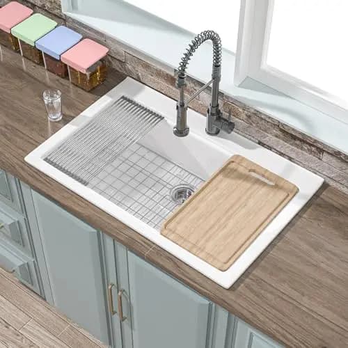 Lavello da cucina a incasso singolo in argilla refrattaria bianca 33x22 pollici con un foro per rubinetto, griglia, tagliere e tre accessori aggiuntivi