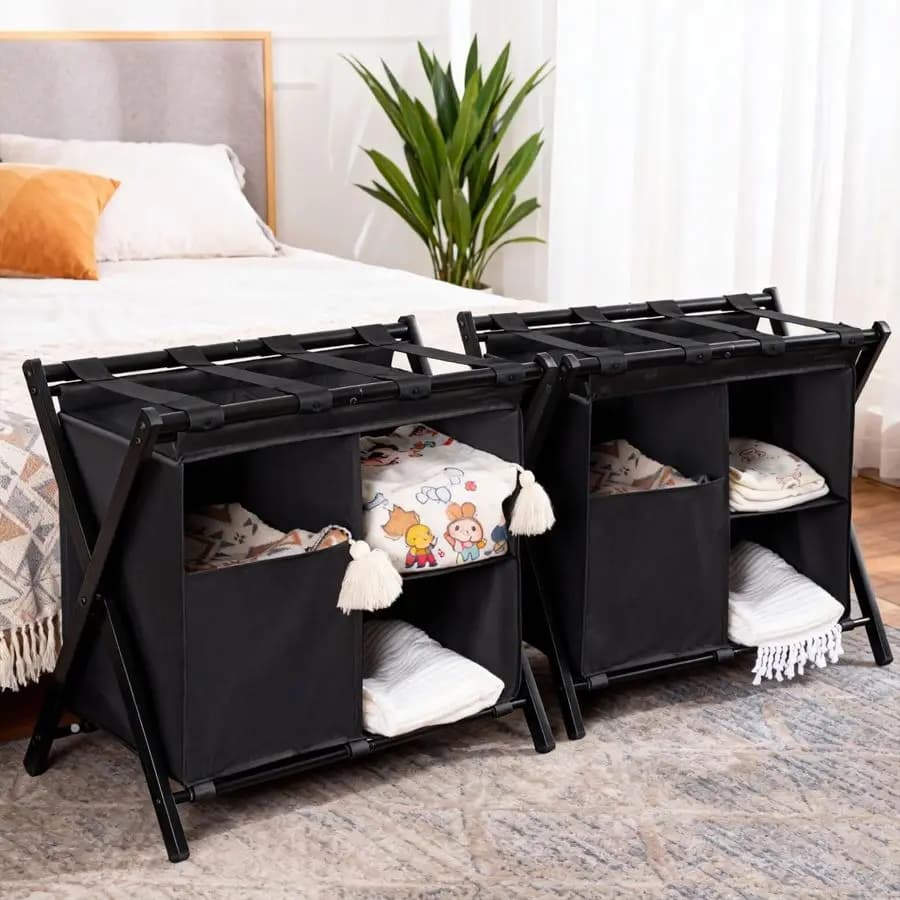 Luggage carriers with laundry bag, packing with 2, folding support in steel for suitcases with storage shelf for bedroom, hotel, folding steel structure