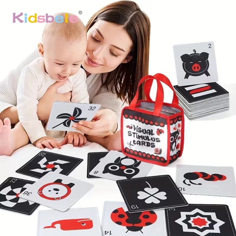 Carte in tessuto morbido Montessori ad alto contrasto per neonati, giocattolo visivo in bianco e nero per la stimolazione visiva dei neonati.