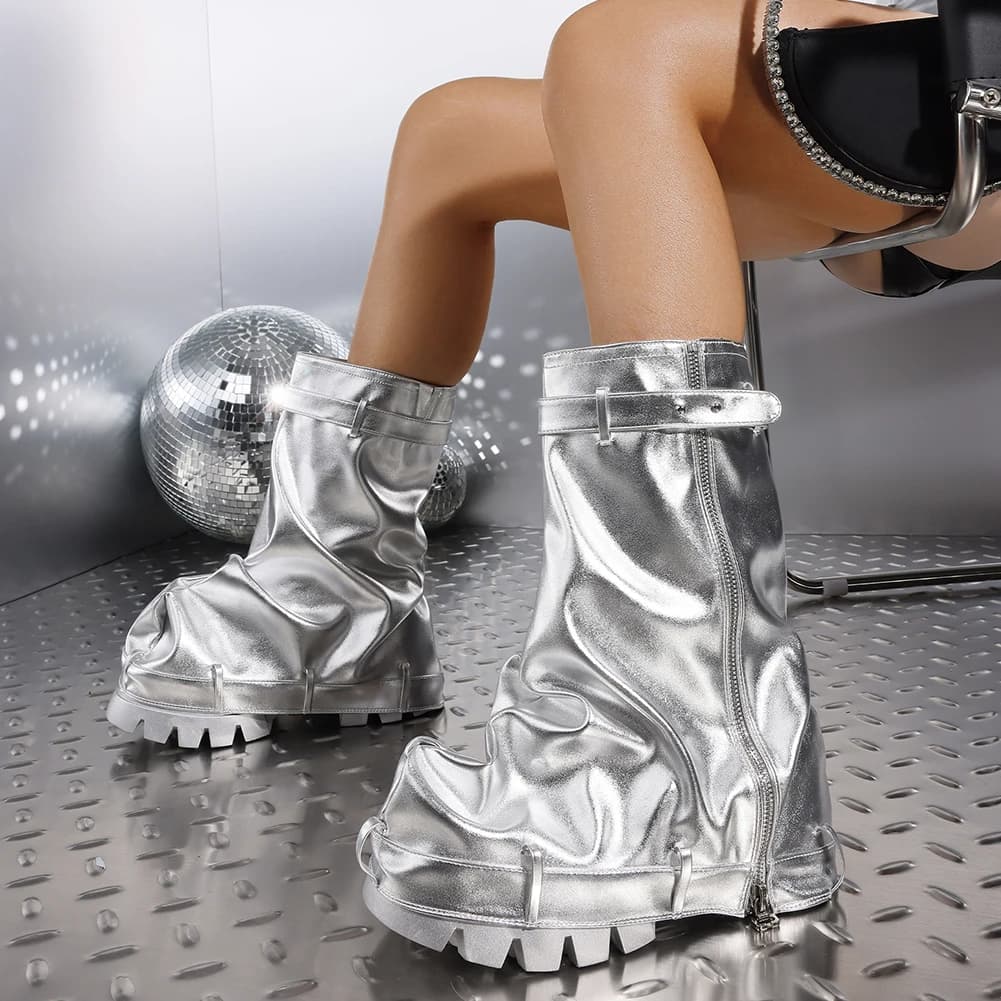 Women's Folding Boots Soft Platform Plissetta wide calf Glitter Silver Metallic Chunky Heel Pull On Half Pulp Bo