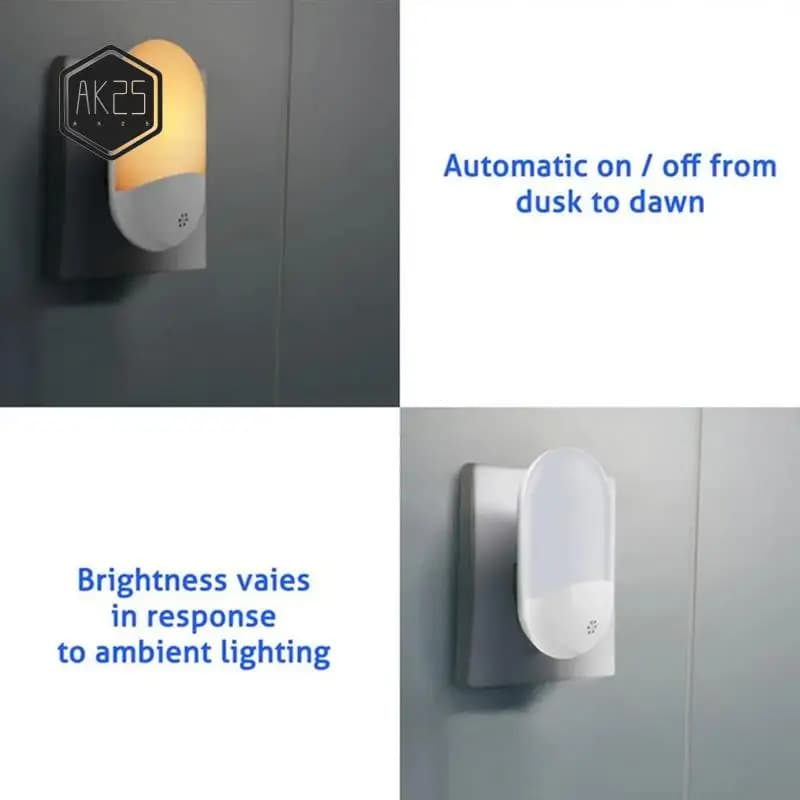 AK25-Plug In Night Light Lampada da notte a LED con sensori intelligenti Sensore dal tramonto all'alba Luminosità regolabile per bambini Spina europea