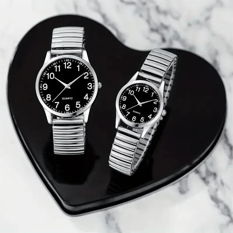 2 pieces of black alloy Arabic numerals for men and women Quartz watches set with elastic elastic band Gift set for lovers