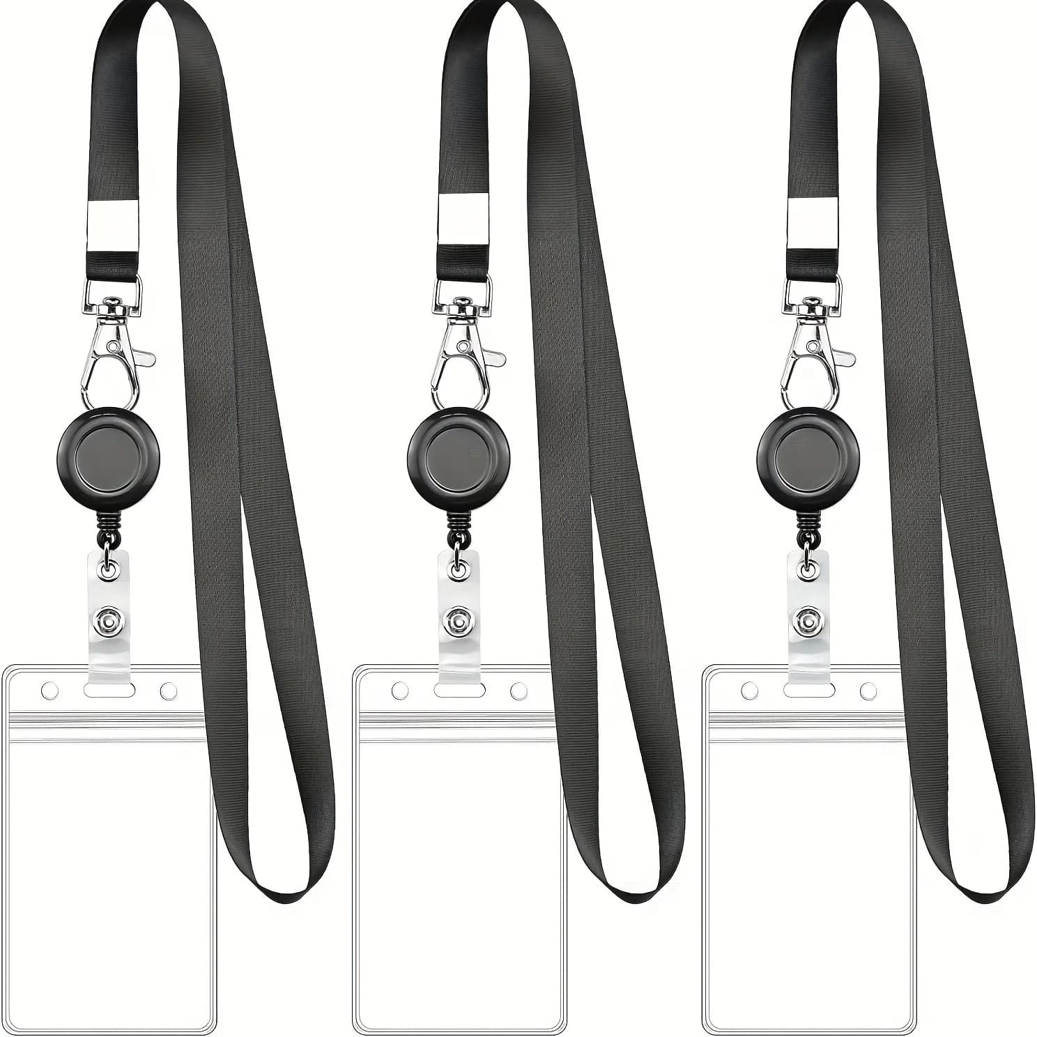 Set di bobine per badge retrattili nere con chiusura a moschettone e porta carte in PVC impermeabile, cordino resistente, per ID di lavoro e targhette nominative