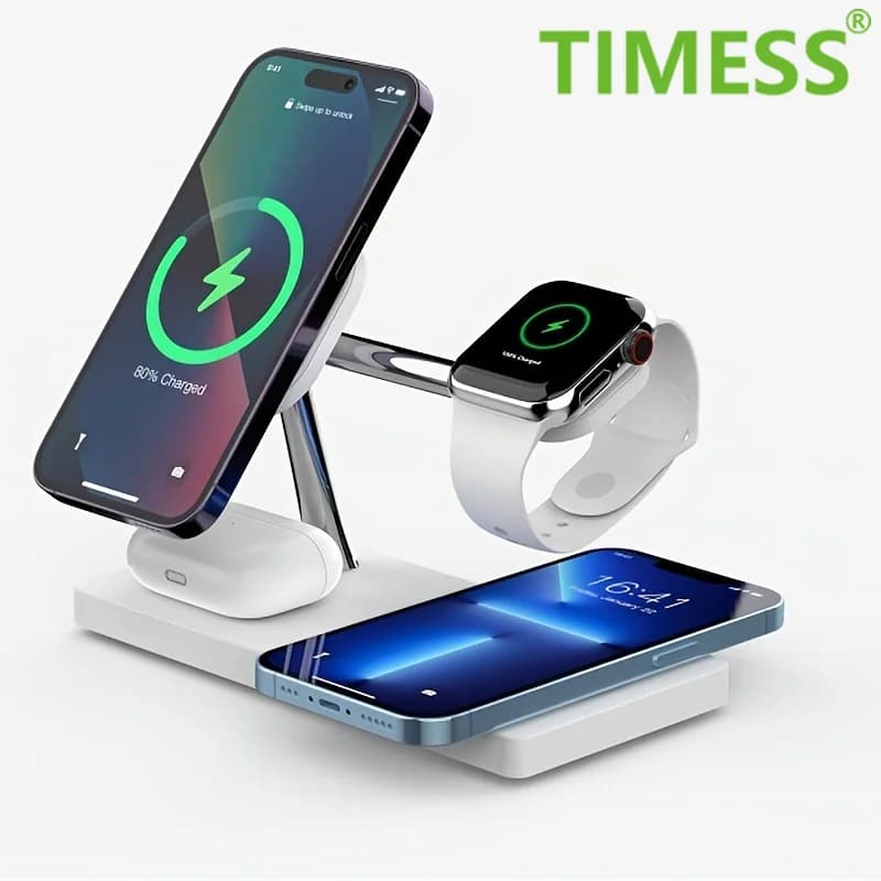 Magnetic wireless charging station 4 in 1 with night lamp. 15W dual power design, two phones can enter fast charging mode
