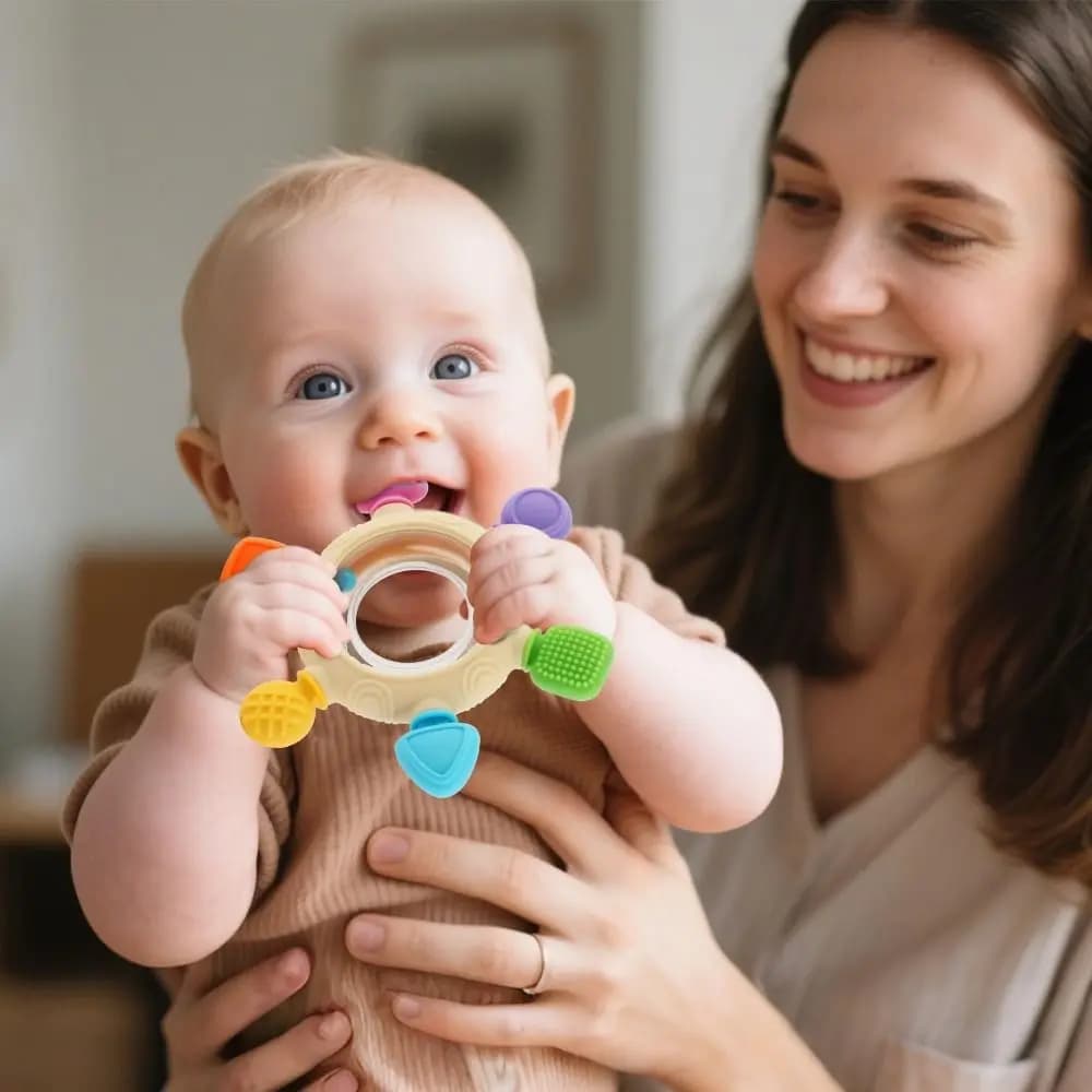 Anelli da Dentizione Premium Senza BPA in Silicone per Alleviare il Dolore delle Gengive, Design Sensoriale, Massaggiagengive Sonoro per Neonati e Lattanti