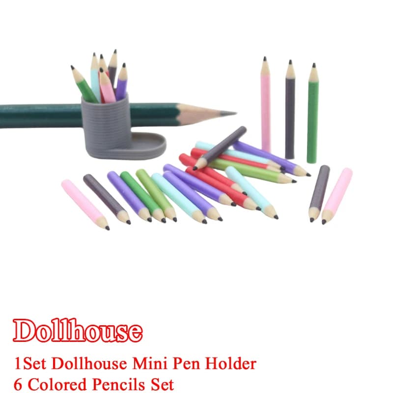 1 Set 1:12 Dollhouse Miniature Dollhouse Pen Holder+6 Colored Pencils Set Doll Home Decor Pretend Play Dollhouse Stationery Toys
