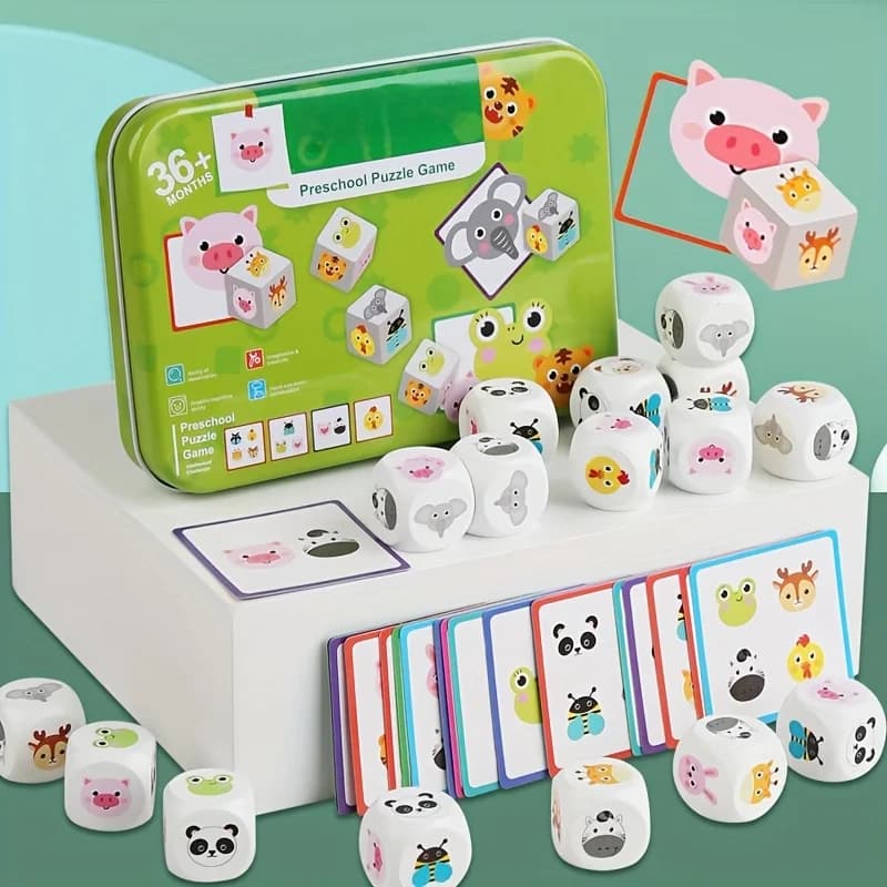 Gioco di carte abbinate per animali Dadi in legno Puzzle di animali per i più piccoli Attività di apprendimento in età prescolare Giocattoli per bambini Giochi da tavolo da viaggio
