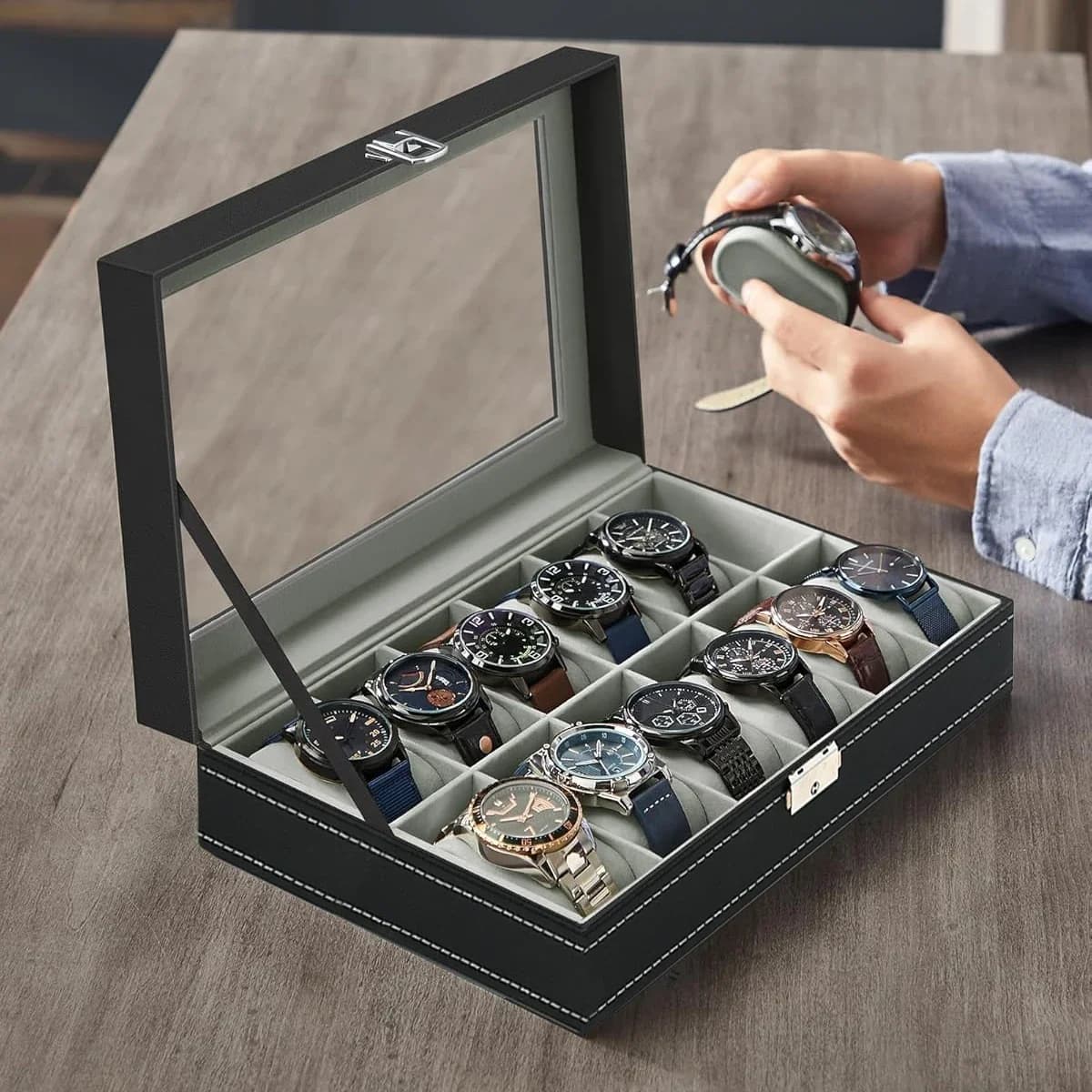 Classic box of new concept, practical, refined design, black PU leather, jewelry and watches organizer