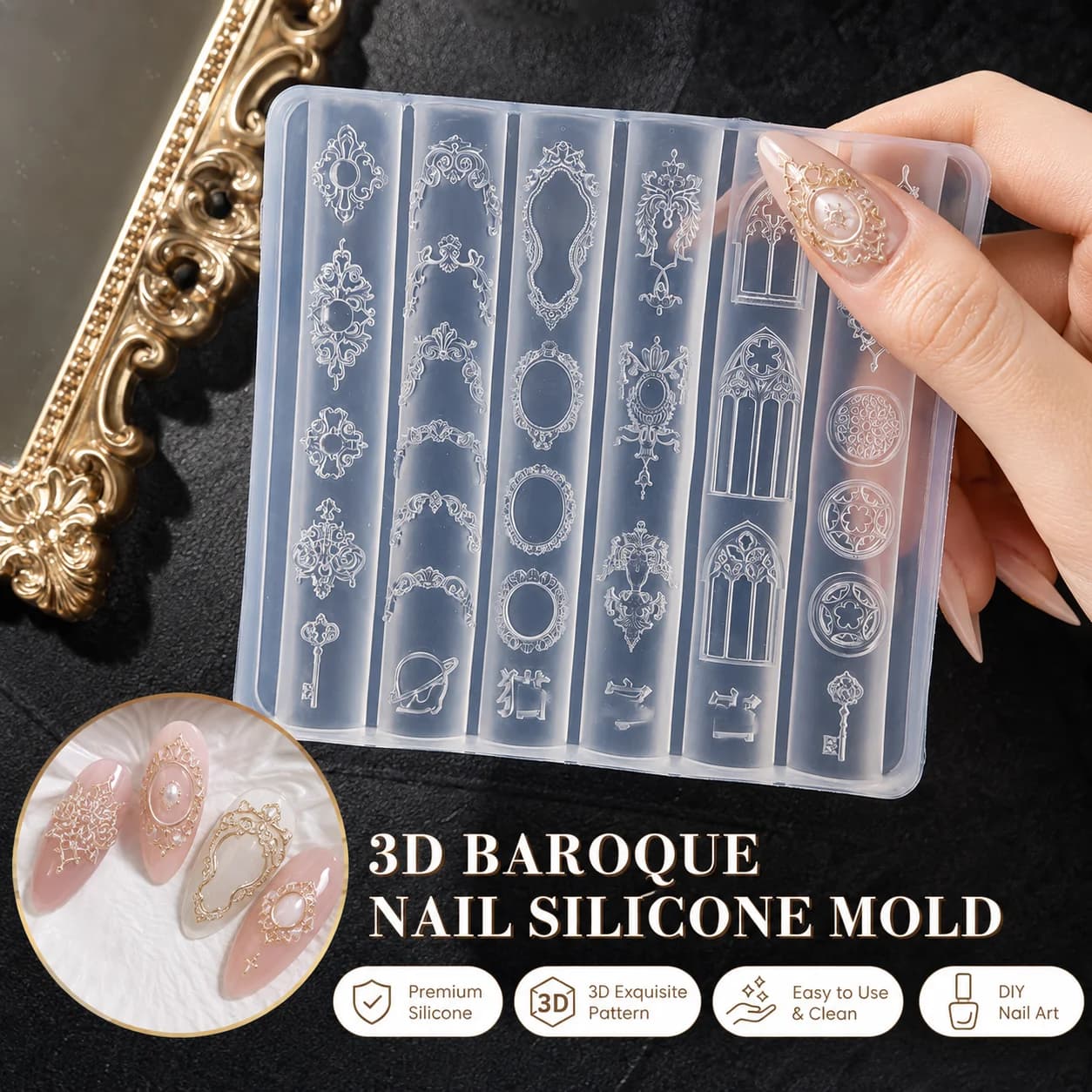 ♥ ♥ Print for nail art silicone 3D models retro in European style Candlestick Design Decor Pattern for transparent manicure do-it-your