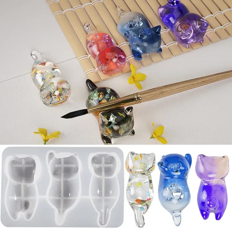 Stampo in resina epossidica di cristallo di gatto 3D Stampo in silicone portapenne portachiavi tridimensionale sdraiato per gatti fai-da-te