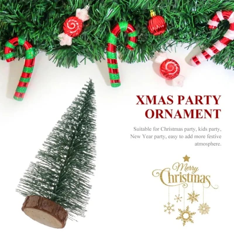 Mini alberi di Natale Pino artificiale Decorazioni da tavolo Top da neve Verde scuro Argento Bianco Base in legno Decorazione per feste di Natale