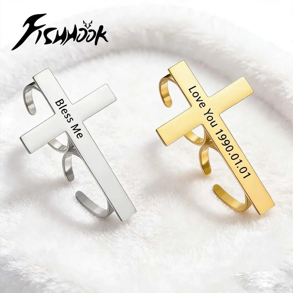 Cross Finger Ring Custom Personalized Name Gift For Woman Men Stainless Steel Jesus Christian Amulet Talisman Gothic Jewelry