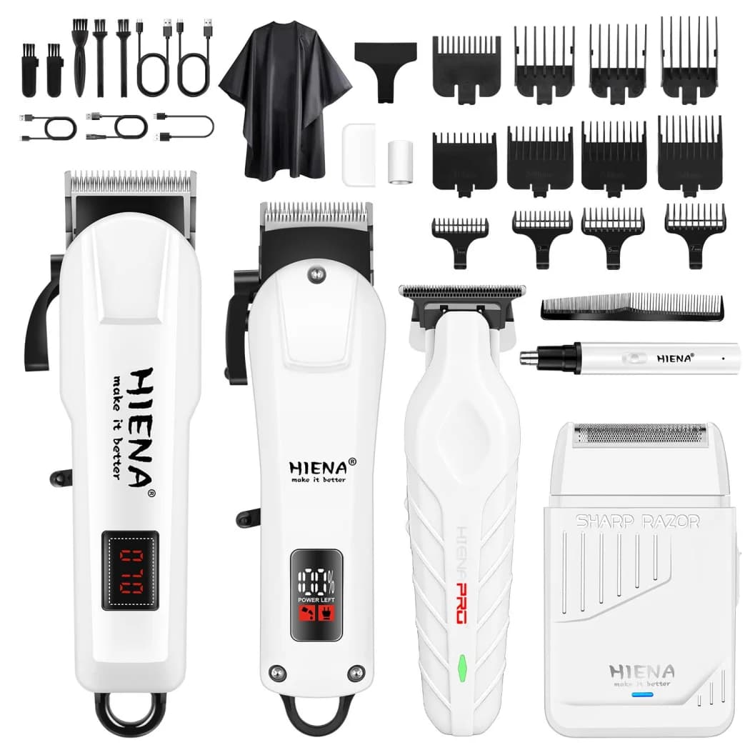 HIENA PRO Kit Professionale per Taglio Capelli 2/5 Pezzi, Regolabarba Elettrico Ricaricabile, Trimmer per Orecchie e Naso, Set da 4 Pezzi, Spedizione Locale USA