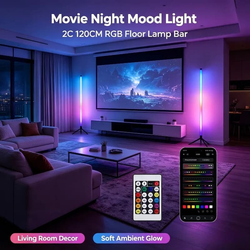 2 Pack RGB LED Corner Floor Lamp, 120CM Sound Activated Light Bar, Ambient Lighting for Gaming Room Bedroom Decoration