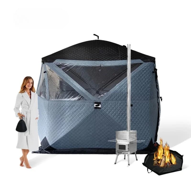 Tenda per sauna con coperta per sauna per 2 persone con cappuccio / Stufa a legna portatile / Serbatoio dell'acqua Nero all'interno in vendita