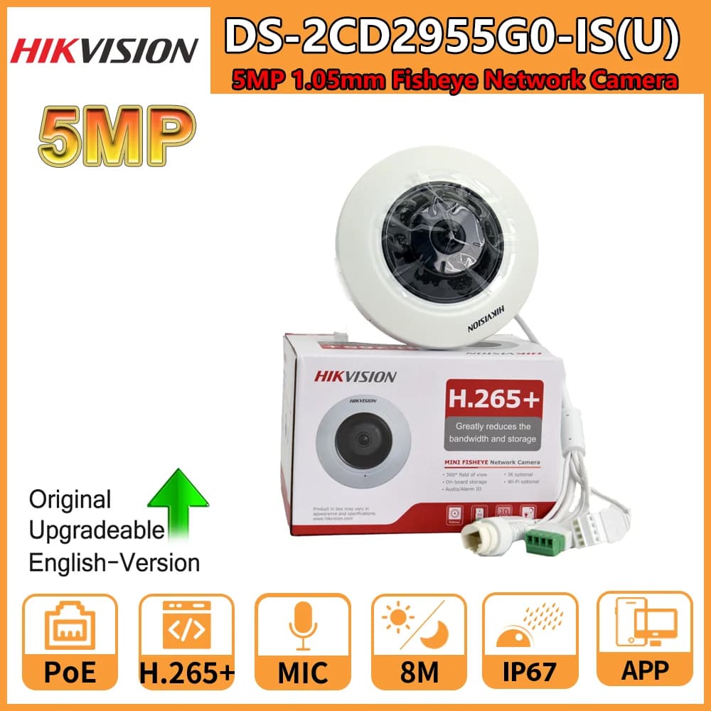 5 MP Fisheye Hikvision IP Camera DS-2CD2955G0-ISU Two-way Audio Support 180 ° Fisheye View Supervisory Built-in Microphone Slots for SD Card