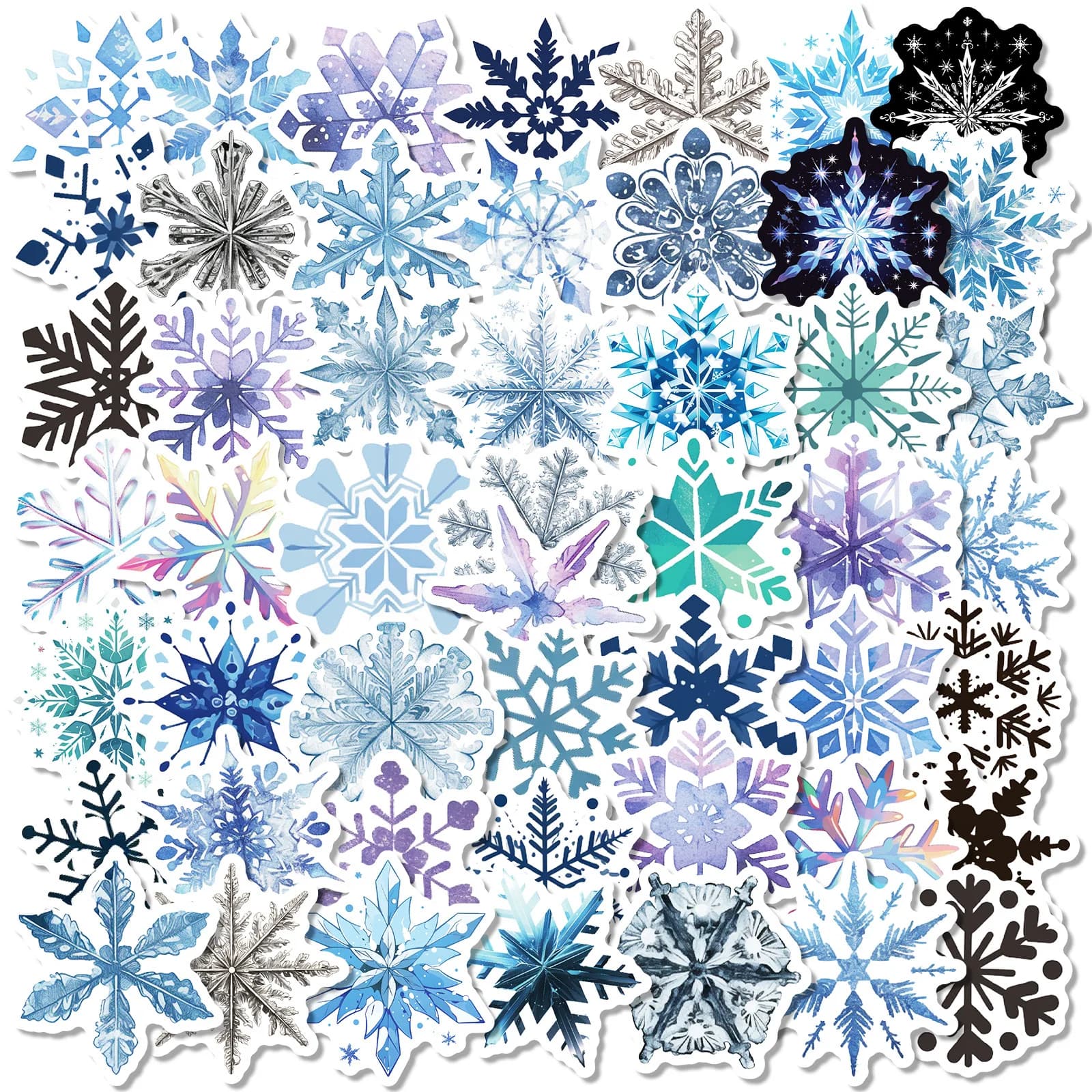 50 pezzi di fiocchi di neve di Natale inverno romantico adesivi cartoni animati telefono fai da te chitarra laptop notebook valigia adesivo impermeabile giocattolo per bambini