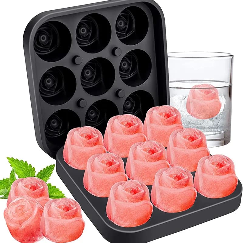 Stampi per ghiaccio rosa 3D da 1.3 pollici, vassoi per cubetti di ghiaccio piccoli, crea 9 ghiaccio a forma di fiore carino gigante, divertente creatore di palline di ghiaccio in gomma siliconica