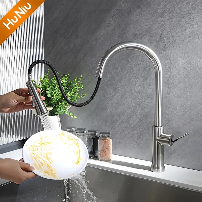 Huniu Rubinetto da cucina estraibile Rubinetti per lavello Rubinetti per spruzzatore a flusso Miscelatore da cucina girevole spazzolato in acciaio inossidabile Gru per rubinetto dell'acqua