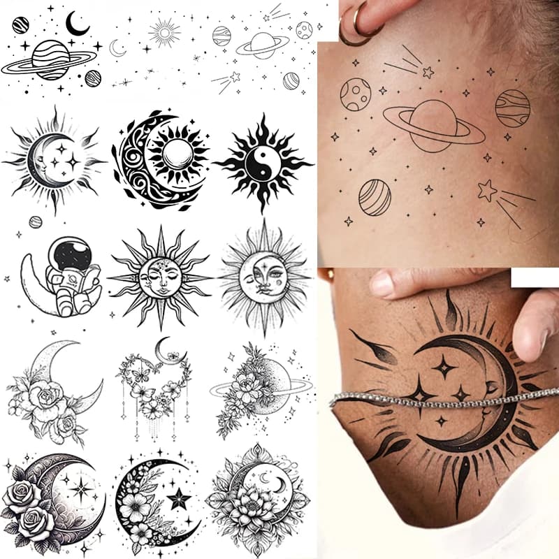 1 Sheet Sun Flower Crescent Temporary Tattoos For Women Men Hands Neck, Temp Fake Tattoo Stickers Long Lasting Realistic Tatoos