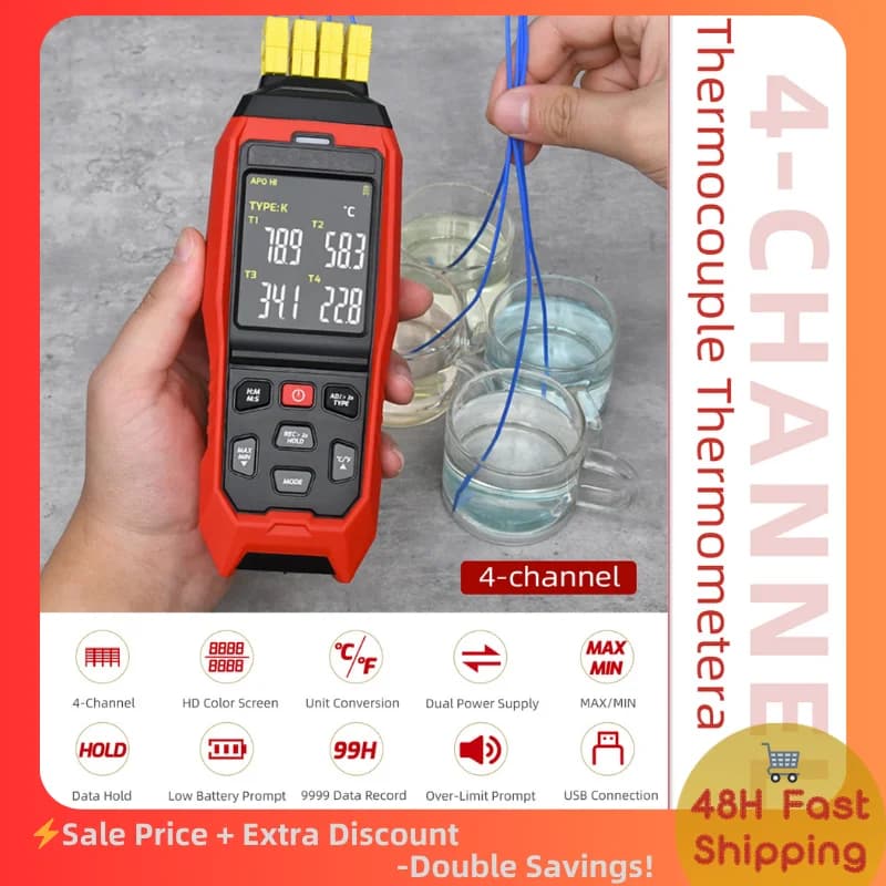 Thermocouple thermocouple type K to 4 channels, from -328 to 2502 ° HVAC thermometer with Double Color Display, USB Data Export