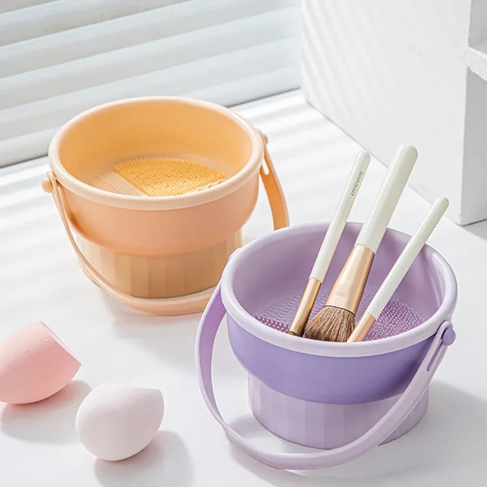 Ciotola per la pulizia dei pennelli per il trucco Set di strumenti per la pulizia delle uova di bellezza Set di stoccaggio per pennelli in polvere Soffio per la pulizia a secco Ripiano per l'asciugatura in silicone
