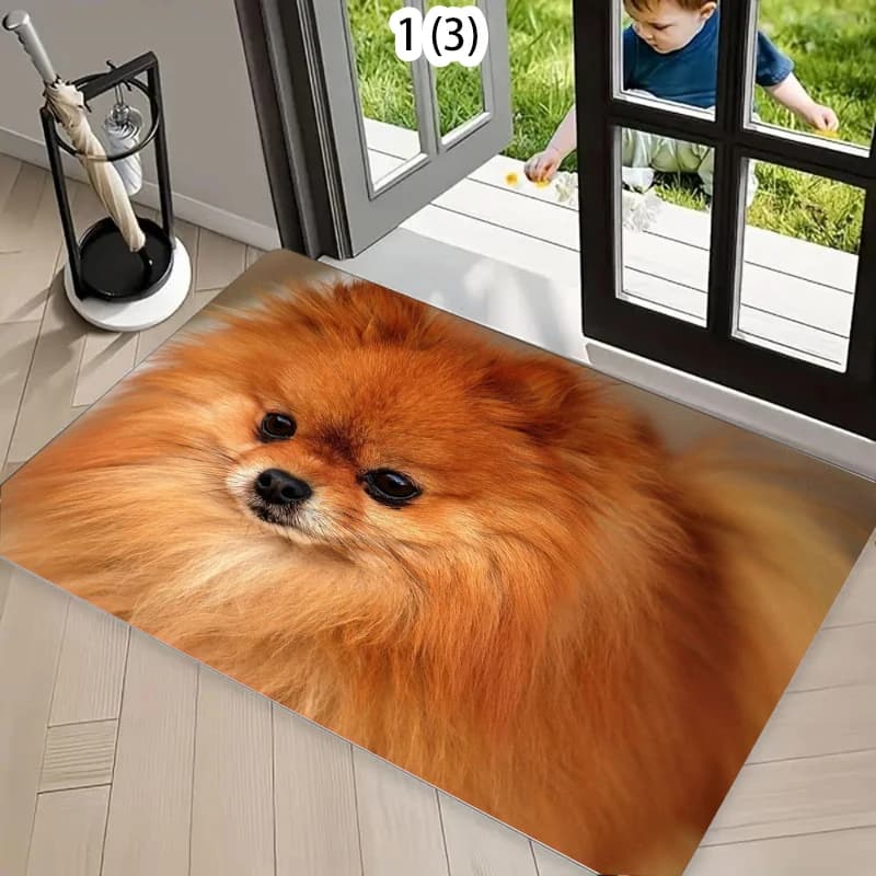 Decorative Carpet with Pomerania Dog Motive, Soft 3D Circular Mat with Puppy, Home Decoration, Welcome Mat, Kitchen Mat