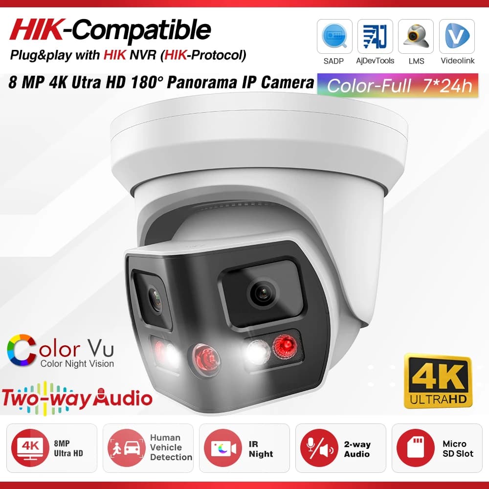 Obiettivo 8MP 2 compatibile con Hikvision 180 ° Telecamera IP panoramica Audio bidirezionale MD2.0 Allarme Telecamera di sicurezza per videosorveglianza esterna