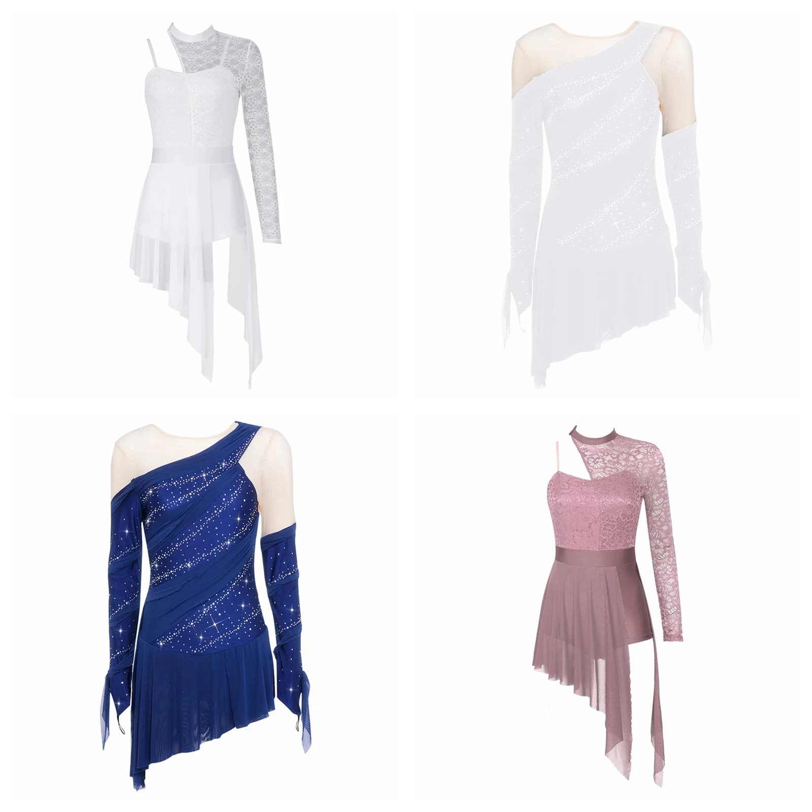 Abito da Pattinaggio Artistico per Donne con Strass, Vestito da Danza Lirica per Adulti con Inserti in Rete, Body da Ginnastica e Balletto per Ragazze