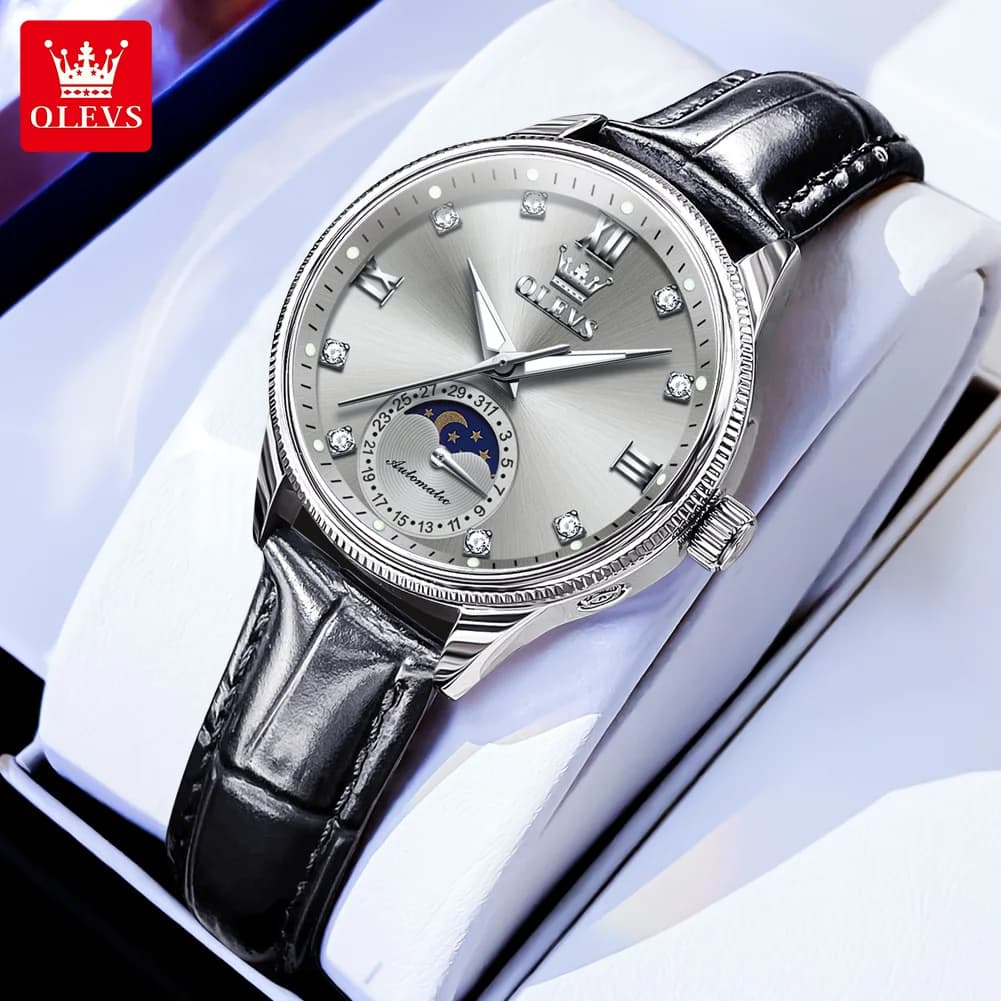OLEVS Moon Phase Women's Fashion Watches Diamond Time Automatic Luxury mechanical watch for women Relogio waterproof leather