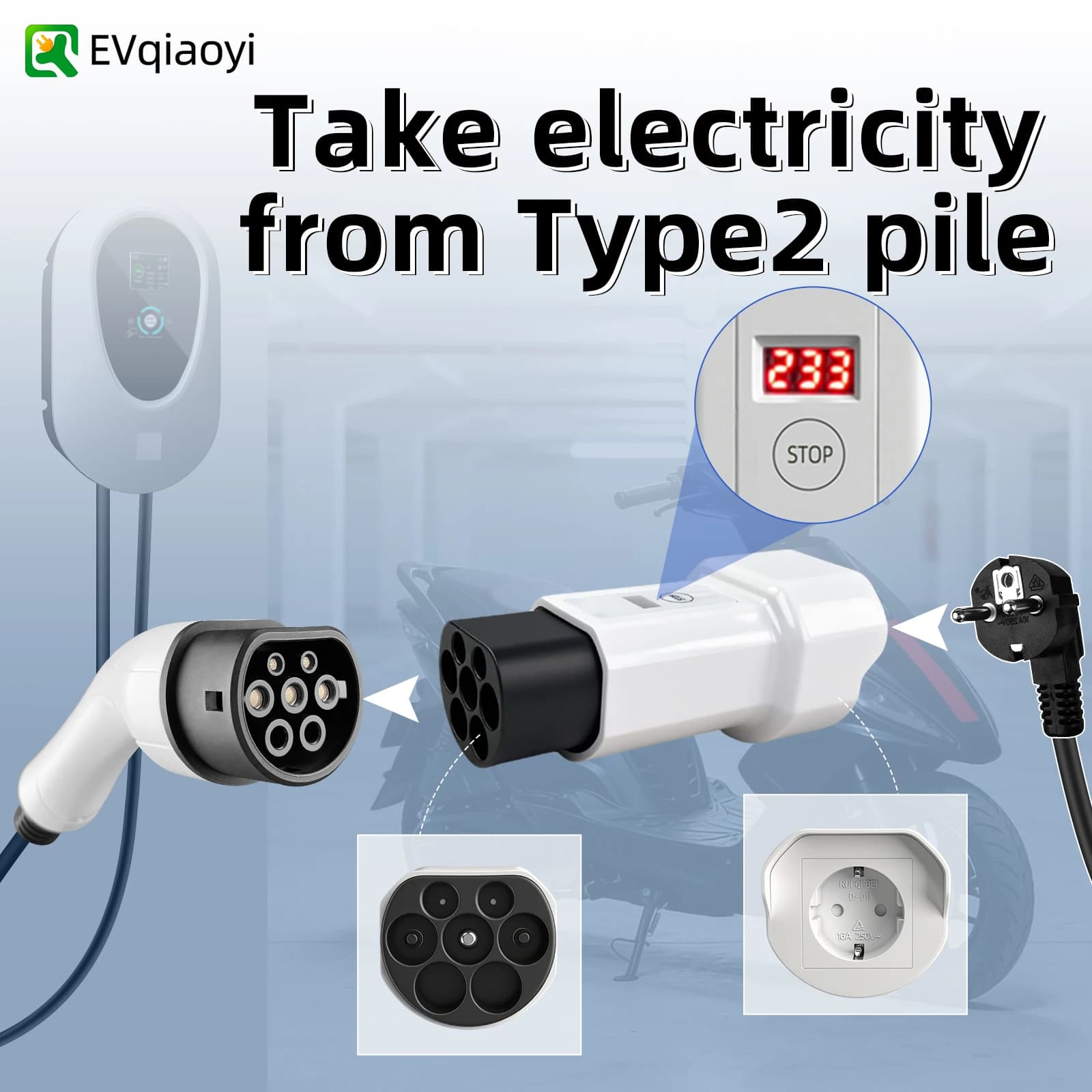 EVqiaoyi Adattatore EV da tipo 2 a presa Schuko Convertitore da tipo 2 a 220 V Spina di scarico maschio per stazioni di ricarica IEC 62196-2