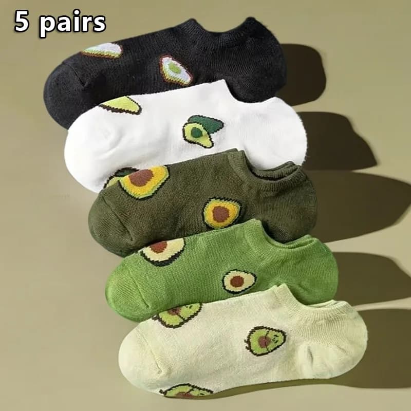5 pairs of ankle socks with avocado, cartoons, fresh fashion, breathable, summer and autumn, Kawaii comfort, low-cut boat socks for women