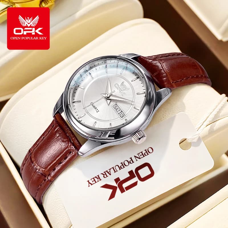 OPK 6022 Women's Watch Elegant Small and Fashionable Quartz Wrist Watch for Women, Waterproof Leather Strap, Double Display With Calendar
