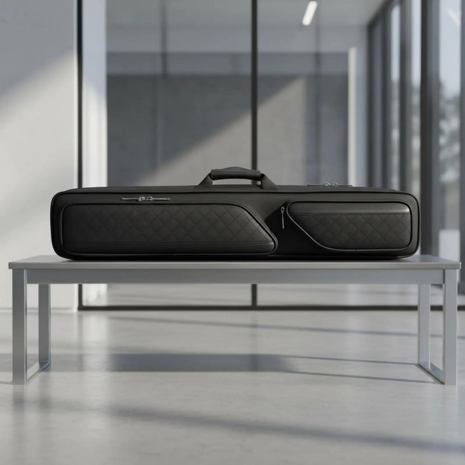 7 compartment billiards case, moisture resistant, leather, with adjustable shoulder strap