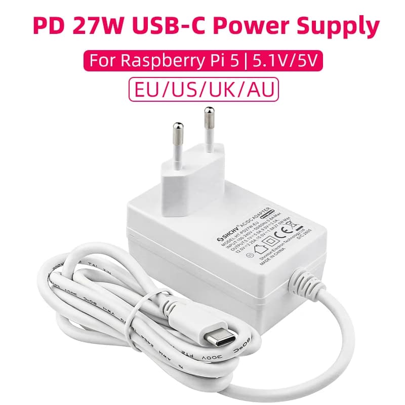 PD 27W Raspberry Pi 5 5.1V 5A Power Supply USB Type C Charger EU US UK AU Plug Power Adapter for Raspberry Pi 5 4B RPI 5 Pi5