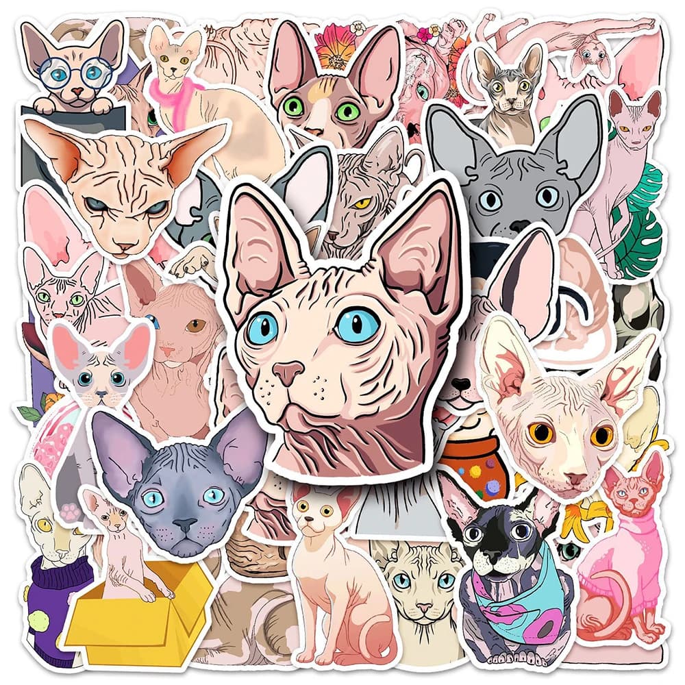 10/30/50PCS Canadian Hairless Cat Sticker Sphinx Cartoon Decals DIY Phone Laptop Luggage Cute Animal Kitty Sticker for Kids Toys
