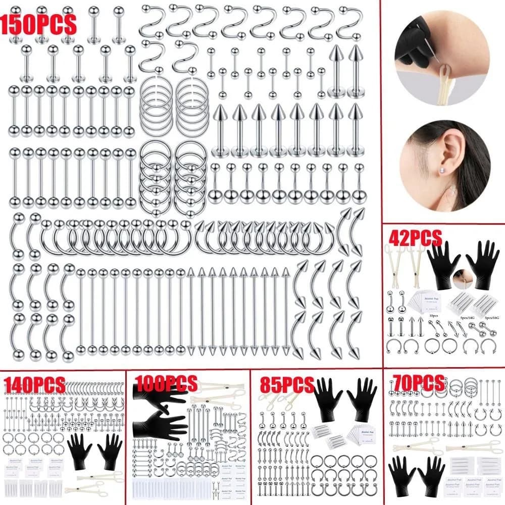 150/140/85/70/42Pcs Body Piercing Kit Jewelry Tool Belly Tongue Eyebrow Nipple Lip Nose Ring Needles Kit Tattoo Tool
