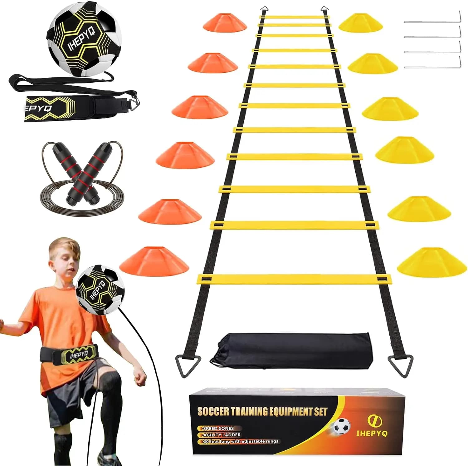 Set di Attrezzature per Allenamento di Agilità nel Calcio con Scala da 6 Metri, 12 Coni, Trainer Individuale, Corda per Saltare per Velocità e Coordinazione dei Piedi