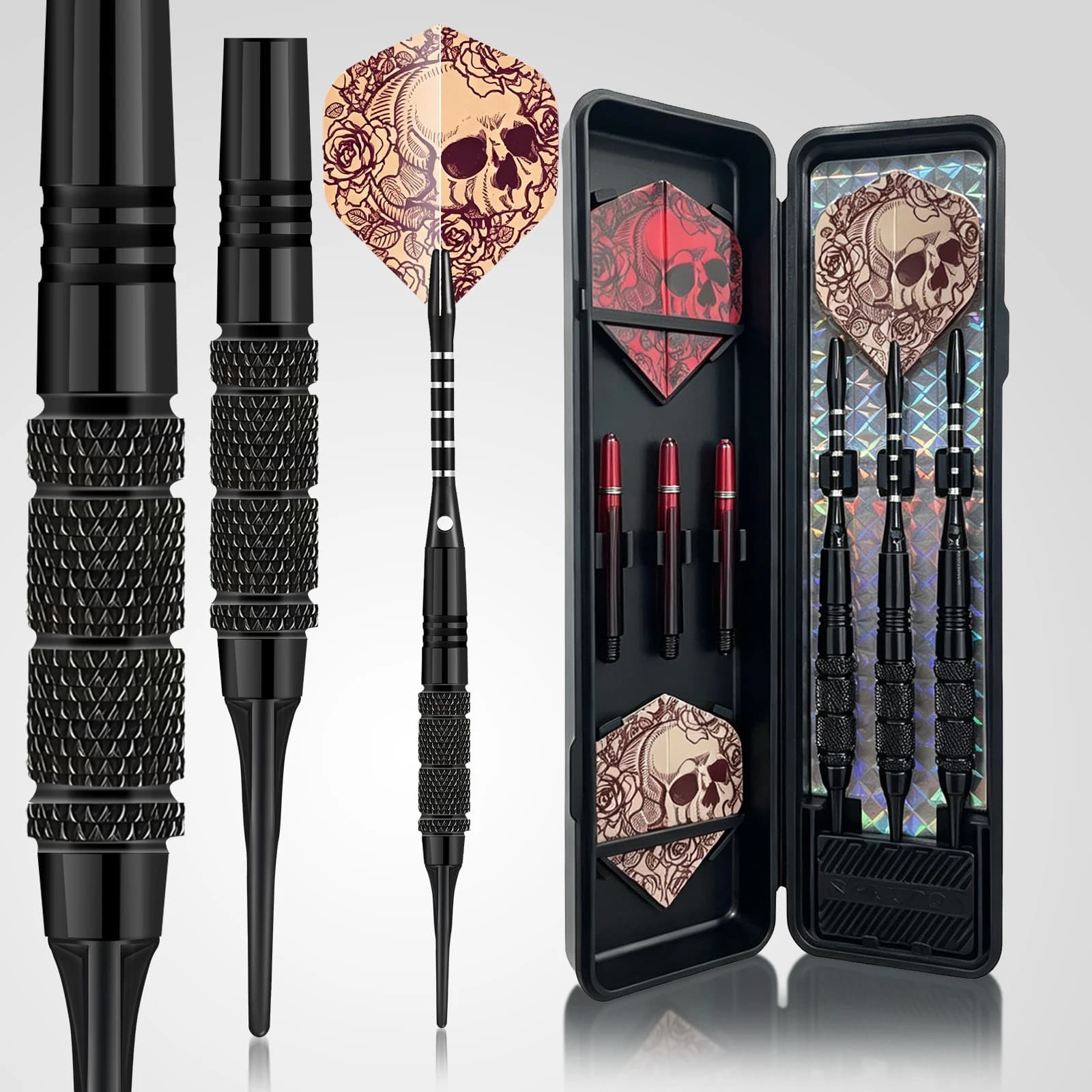 Huanqu 17g Professional Soft Darts, 3-Pack, Skull Rose Pattern Pet Dart Wings, Black and Red Color Scheme, 2Ba Universal Thread, Includes 10 Spare Soft Dart Tips, 3 Dart Shafts, 3 Dart Wings, and Storage Box, Suitable for Electronic Dart Boards