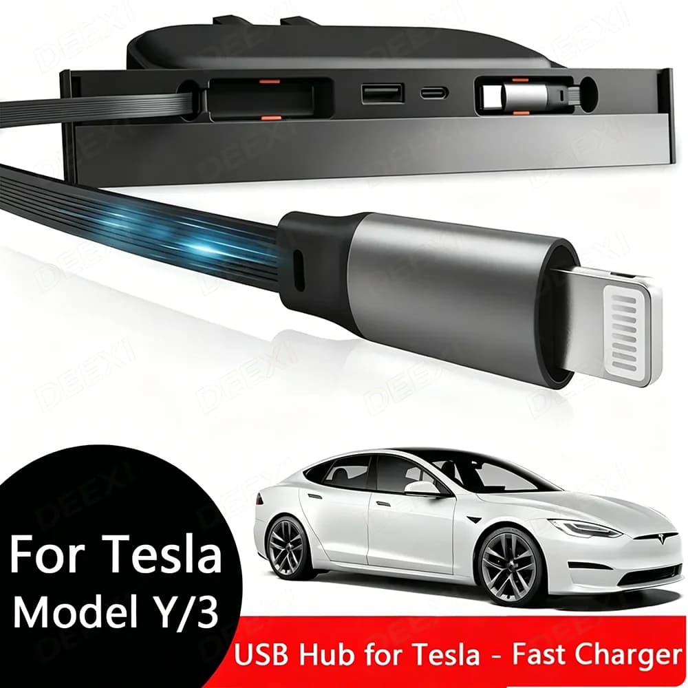 USB Hub Retractable for Tesla Model Y Juniper Central Console, Quick Charging Station for Model 3 Highland, Phone Charger