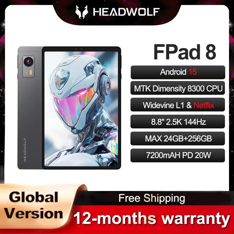 Headwolf FPad8/Titan 1 8.8 inch Android Tablet with 2.5K 144Hz display, 24GB+256GB, 7200mAh battery, 8MP+16MP camera, 4G LTE SIM, WiFi 6, GPS