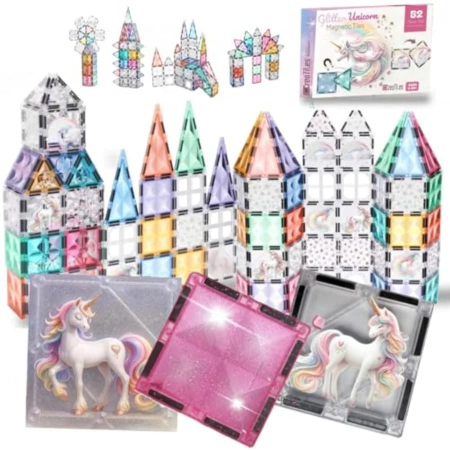 Mattoncini Magnetici Glitterati Unicorno Pony per Costruzioni, Giocattoli per Set da Gioco Castello Arcobaleno Cuori Stelle, STEM, Principessa Frozen, Compleanno