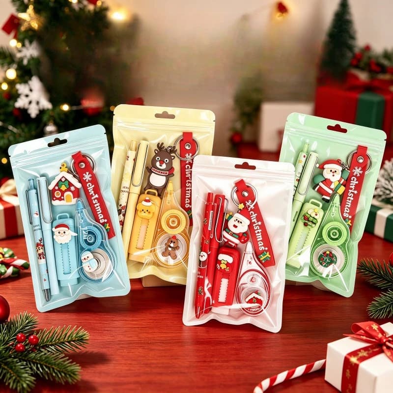 5Pcs/Bag Christmas Stationery Set Keychain Pencil Gel Pen Correction Tape Eraser Cute Santa Reindeer Xmas Gifts School Supplies