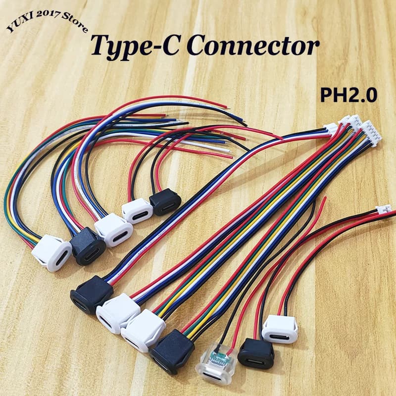 Connettore Jack Femmina Type-C 1/2 Pezzi, Presa di Ricarica Rapida 2/4/6 Pin con Cavo PH2.0 per Lampade LED, Veicoli Elettrici e Progetti Fai-da-te