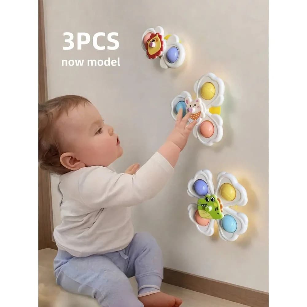 Set di 3 Giocattoli Girevoli con Ventosa per Bambini, Giochi da Bagno e Educazione Sensoriale Precoce, Essenziali per Neonati, Giocattoli per Seggiolone e Vasca