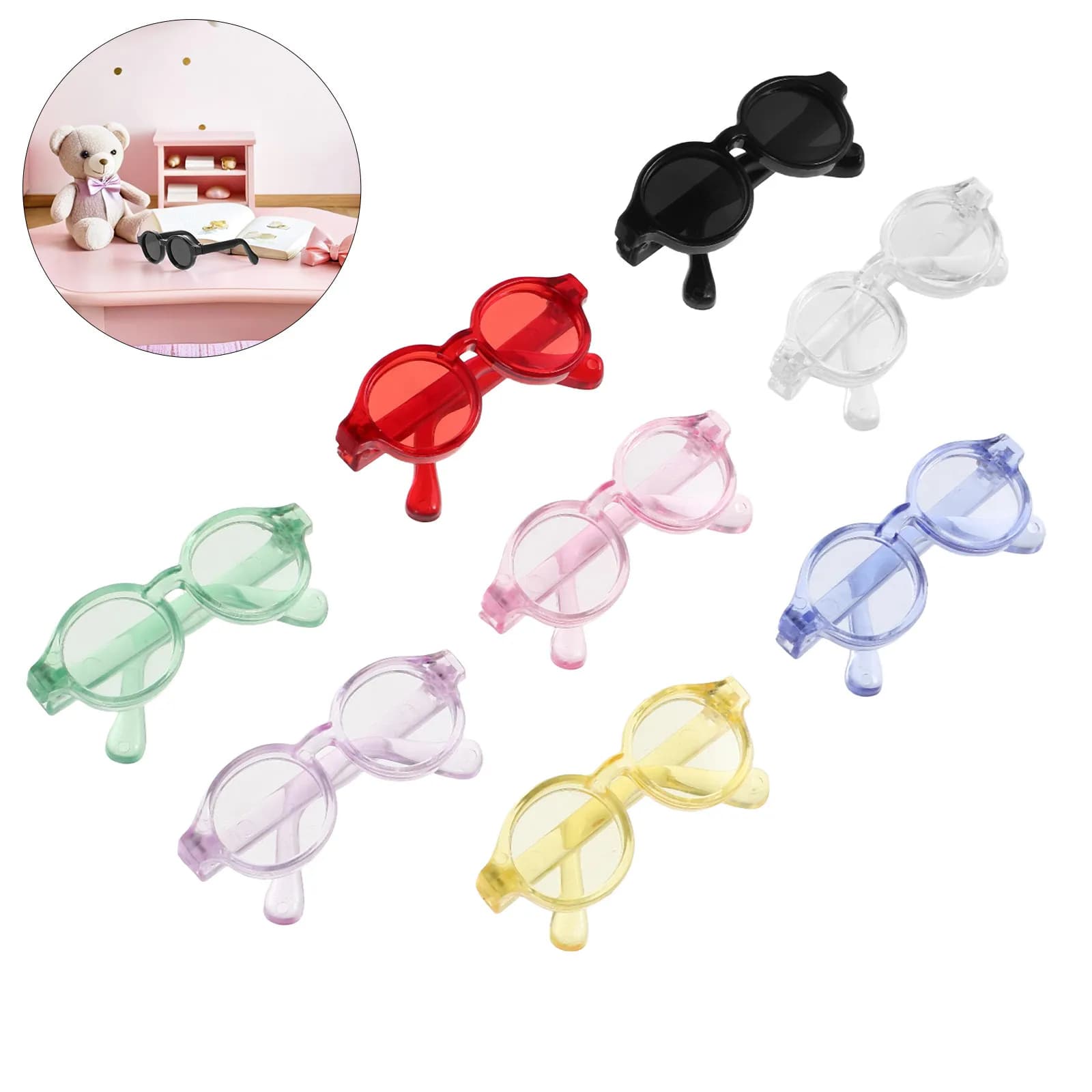8 pezzi di accessori per il gioco dei bambini, mini occhiali da sole, montatura rotonda in plastica in miniatura, occhiali con lenti colorate per travestimenti e giochi di finzione