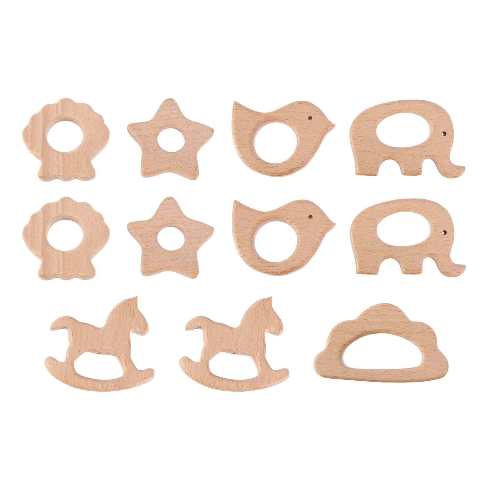 Set di 11 Dentaruoli in Legno a Forma di Animali Cartoon per Neonati e Bambini, Strumento Naturale in Legno di Faggio per Mordere, Giocare e Massaggiare la Gengiva