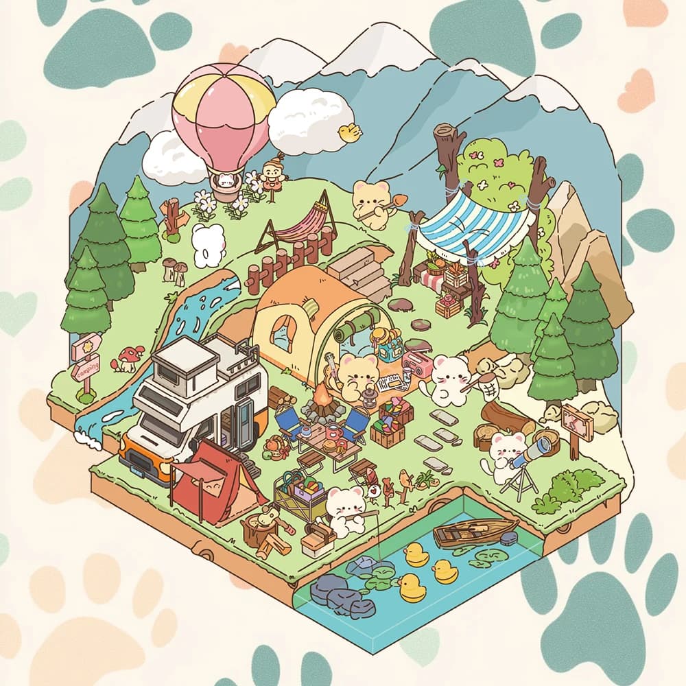 1Set fai da te 3D Meow Meow Camping adesivi in miniatura scene di animali dei cartoni animati per creare le tue scene per alleviare lo stress passare il tempo