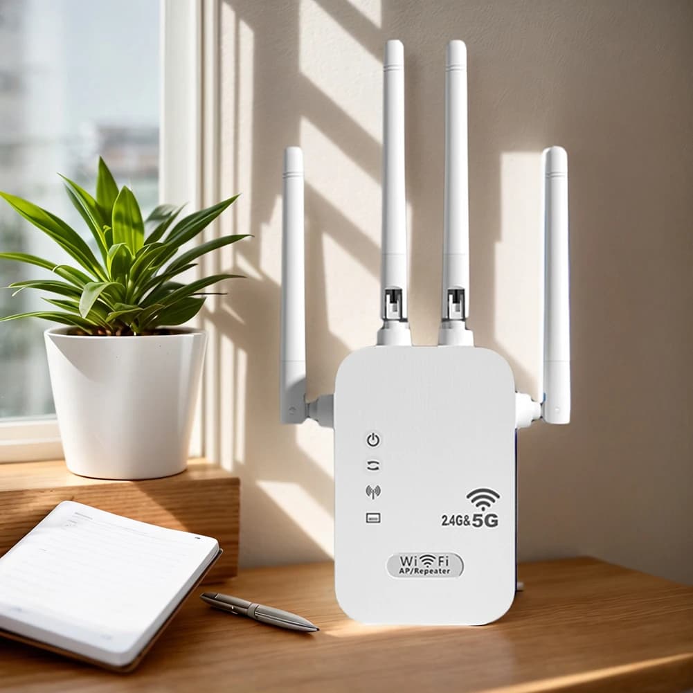 Ripetitore WiFi Wireless 1200Mbps con Porta WAN/LAN, Dual-Band 2.4GHz/5GHz, Estensore WiFi con 4 Antenne, Amplificatore di Segnale Wi-Fi per Casa